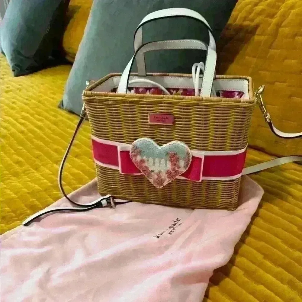 Kate Spade Basket Wicker Handbag with handmade needlepoint heart and pink ribbon